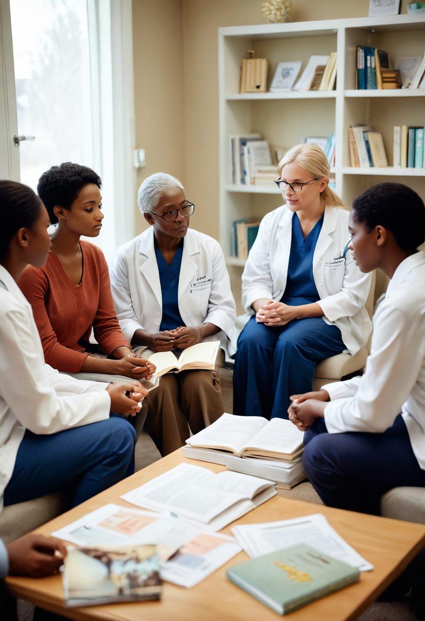 A comforting scene depicting a diverse group of patients in a warm support group setting, surrounded by educational materials about oncology. Include soft lighting, supportive gestures, and a balance of hope and empowerment in their faces. Use elements like books, charts, and comforting white walls to symbolize knowledge and strength. super-realistic. soft colors. warm ambiance.