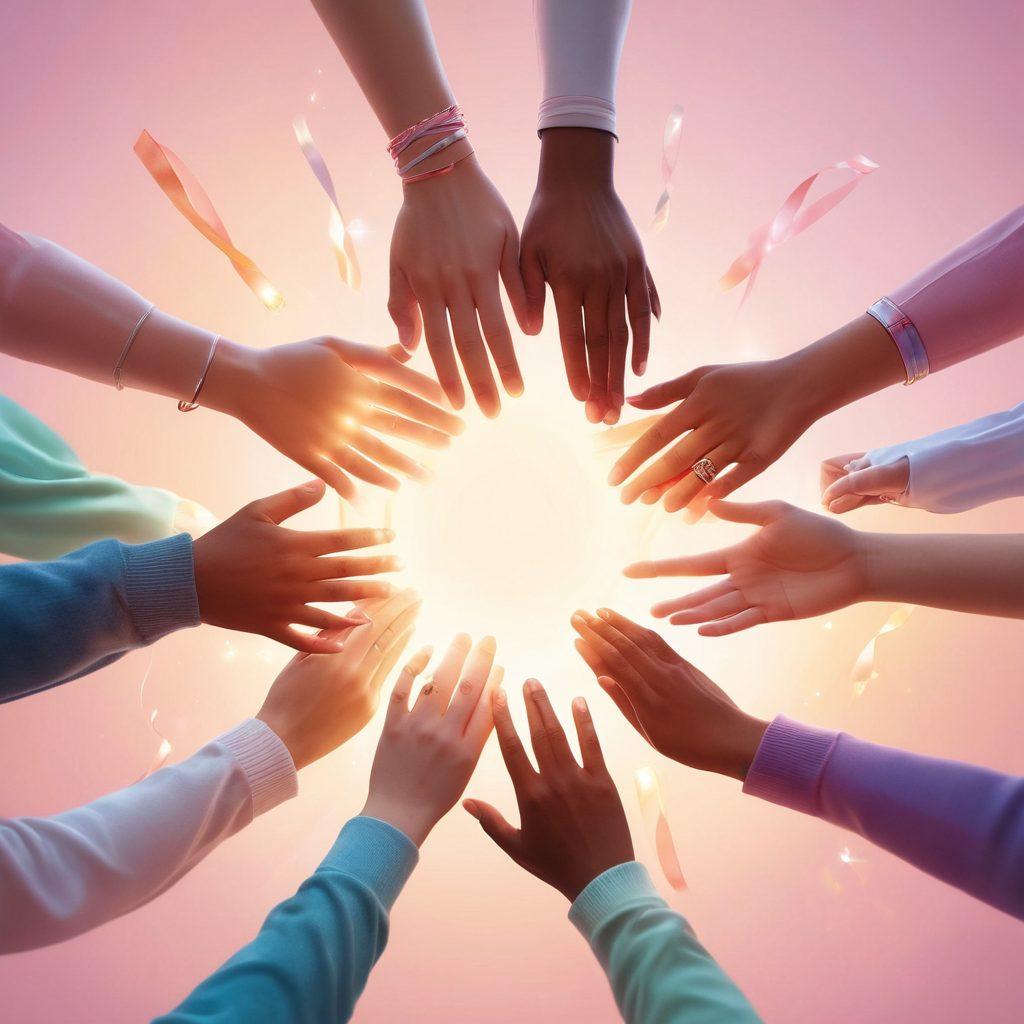 A warm and uplifting scene showing a diverse group of people holding hands in a circle, symbolizing support and unity in their cancer journey. In the center, a glowing light representing hope shines brightly, with subtle symbols of knowledge like books and ribbons around them. The background is a soft gradient of pastel colors, reflecting calmness and encouragement. super-realistic. vibrant colors.