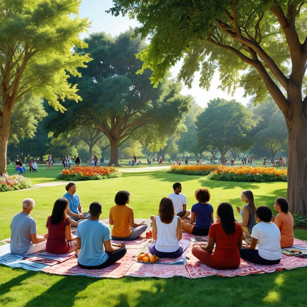 A serene landscape featuring a diverse group of people gathered in a park, exchanging stories of resilience and support, surrounded by lush greenery and vibrant flowers, symbolizing hope and healing. Include elements of healthy food such as fruits and vegetables in picnic baskets, and subtle hints of wellness activities like yoga mats and books. Capture warmth and unity in the atmosphere. super-realistic. vibrant colors. peaceful background.